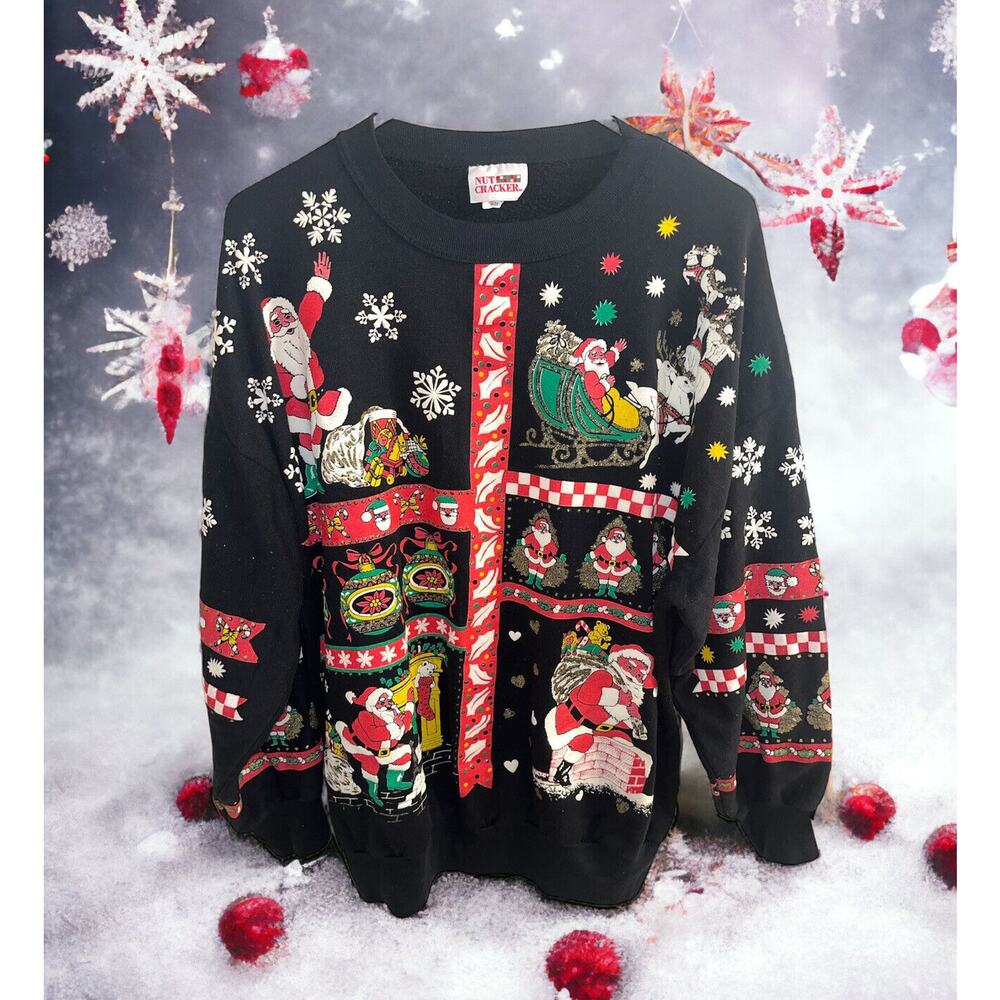 Vintage Nutcracker Christmas Santa Sparkly Light Long Sleeve Sweat Shirt Size 38